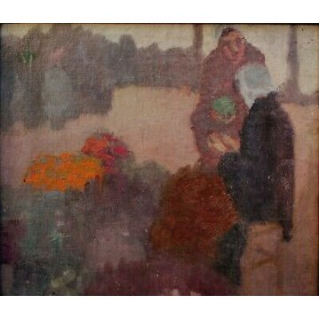 ANTICO QUADRO OLIO TELA SCENA GENERE MERCATO FIORI VERDURA FIGURE INVERNO 900 