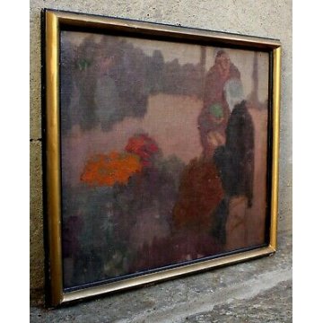 ANTICO QUADRO OLIO TELA SCENA GENERE MERCATO FIORI VERDURA FIGURE INVERNO 900 