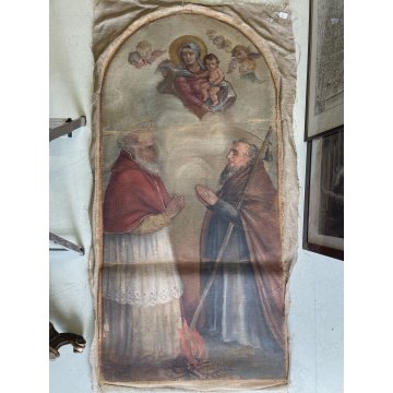 ANTICO DIPINTO OLIO TELA Maria Gesù Bambino Sant Antonio Abate RELIGIOSO '800