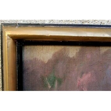 ANTICO QUADRO OLIO TELA SCENA GENERE MERCATO FIORI VERDURA FIGURE INVERNO 900 