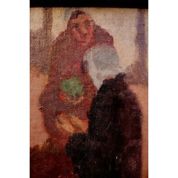 ANTICO QUADRO OLIO TELA SCENA GENERE MERCATO FIORI VERDURA FIGURE INVERNO 900 