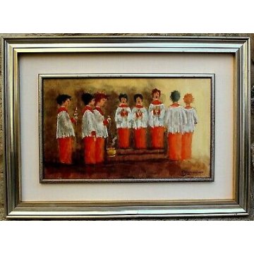 QUADRO DIPINTO OLIO TELA Bernardoni CHIERICHETTI FIGURE MESSA CANTO RELIGIOSO 
