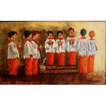 QUADRO DIPINTO OLIO TELA Bernardoni CHIERICHETTI FIGURE MESSA CANTO RELIGIOSO 