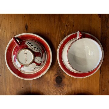 SET 6 TAZZE da TE ZUCCHERIERA De Simone CERAMICA SICILIANA UCCELLI ROSSO BIANCO