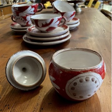 SET 6 TAZZE da TE ZUCCHERIERA De Simone CERAMICA SICILIANA UCCELLI ROSSO BIANCO