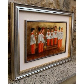 QUADRO DIPINTO OLIO TELA Bernardoni CHIERICHETTI FIGURE MESSA CANTO RELIGIOSO 