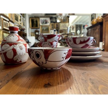 SET 6 TAZZE da TE ZUCCHERIERA De Simone CERAMICA SICILIANA UCCELLI ROSSO BIANCO