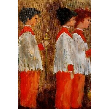 QUADRO DIPINTO OLIO TELA Bernardoni CHIERICHETTI FIGURE MESSA CANTO RELIGIOSO 
