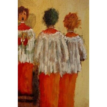QUADRO DIPINTO OLIO TELA Bernardoni CHIERICHETTI FIGURE MESSA CANTO RELIGIOSO 