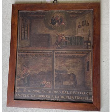 ANTICO DIPINTO EX VOTO SCENA GRAZIA RICEVUTA Fulmine MIRACOLO Religioso 1833