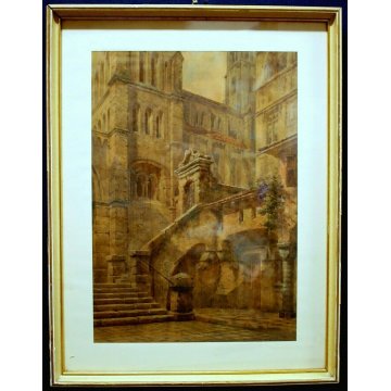 QUADRO ACQUERELLO su CARTONE G. Zappettini PROSPETTIVA PALAZZO MURA SCENOGRAFIA 