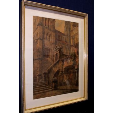 QUADRO ACQUERELLO su CARTONE G. Zappettini PROSPETTIVA PALAZZO MURA SCENOGRAFIA 