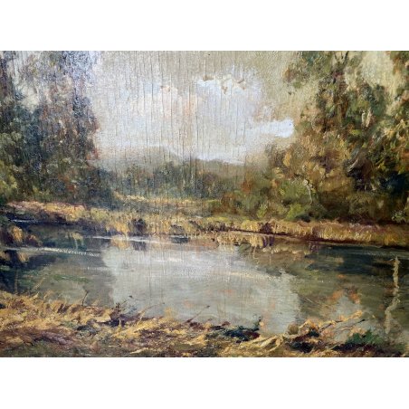 GRANDE ANTICO DIPINTO OLIO TAVOLA Gigi Comolli PAESAGGIO lacustre lago lagoni