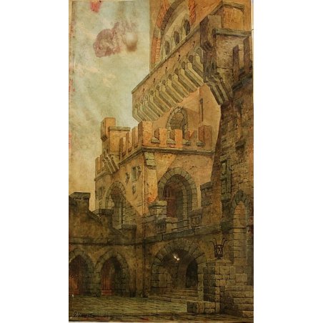 QUADRO ACQUERELLO su CARTONE G. Zappettini PROSPETTIVA MURA PALAZZO SCENOGRAFIA 