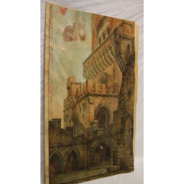 QUADRO ACQUERELLO su CARTONE G. Zappettini PROSPETTIVA MURA PALAZZO SCENOGRAFIA 