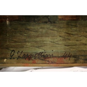 QUADRO ACQUERELLO su CARTONE G. Zappettini PROSPETTIVA MURA PALAZZO SCENOGRAFIA 