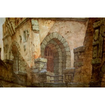 QUADRO ACQUERELLO su CARTONE G. Zappettini PROSPETTIVA MURA PALAZZO SCENOGRAFIA 