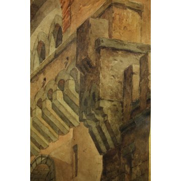 QUADRO ACQUERELLO su CARTONE G. Zappettini PROSPETTIVA MURA PALAZZO SCENOGRAFIA 
