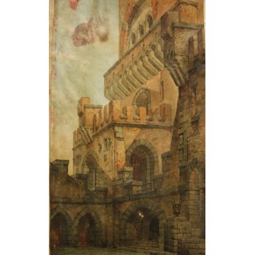 QUADRO ACQUERELLO su CARTONE G. Zappettini PROSPETTIVA MURA PALAZZO SCENOGRAFIA 
