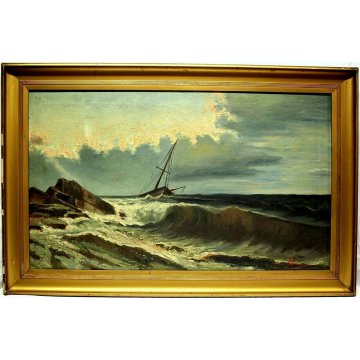 ANTICO DIPINTO OLIO TELA MARINA PAESAGGIO MARE GROSSO VELIERO TRAMONTO '900