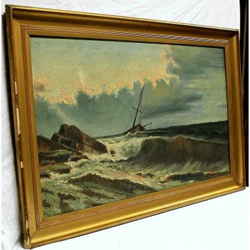 ANTICO DIPINTO OLIO TELA MARINA PAESAGGIO MARE GROSSO VELIERO TRAMONTO '900