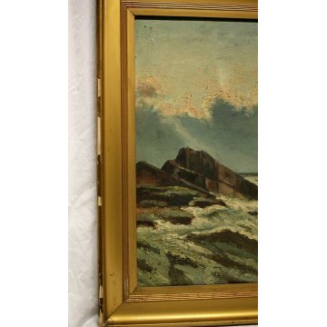 ANTICO DIPINTO OLIO TELA MARINA PAESAGGIO MARE GROSSO VELIERO TRAMONTO '900