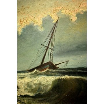 ANTICO DIPINTO OLIO TELA MARINA PAESAGGIO MARE GROSSO VELIERO TRAMONTO '900