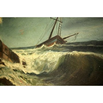 ANTICO DIPINTO OLIO TELA MARINA PAESAGGIO MARE GROSSO VELIERO TRAMONTO '900