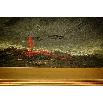 ANTICO DIPINTO OLIO TELA MARINA PAESAGGIO MARE GROSSO VELIERO TRAMONTO '900