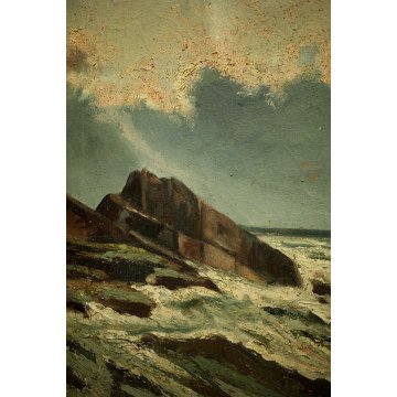 ANTICO DIPINTO OLIO TELA MARINA PAESAGGIO MARE GROSSO VELIERO TRAMONTO '900