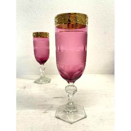 ANTICA COPPIA CALICI Moser CRISTALLO MOLATO BOEMIA VIOLA FREGIO DORATO Art Decò