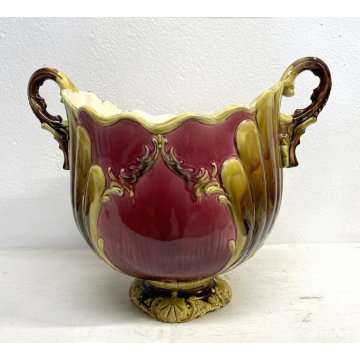 GRANDE ANTICO VASO MAIOLICA BARBOTINE Cachepot ART NOUVEAU ø 30x35 cm/h '30/'40