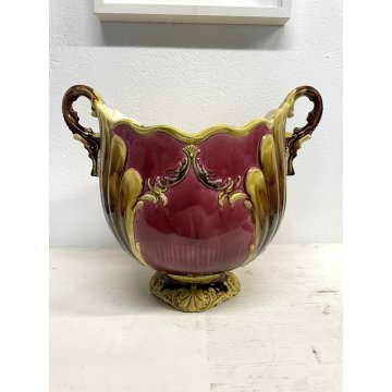 GRANDE ANTICO VASO MAIOLICA BARBOTINE Cachepot ART NOUVEAU ø 30x35 cm/h '30/'40