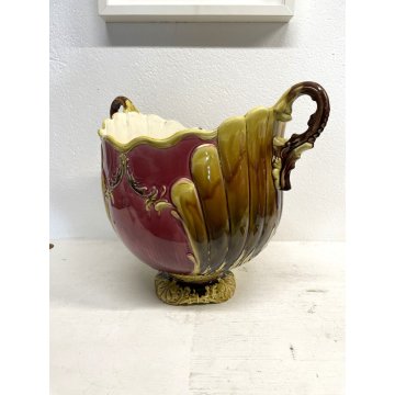 GRANDE ANTICO VASO MAIOLICA BARBOTINE Cachepot ART NOUVEAU ø 30x35 cm/h '30/'40