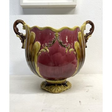 GRANDE ANTICO VASO MAIOLICA BARBOTINE Cachepot ART NOUVEAU ø 30x35 cm/h '30/'40