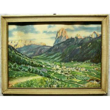 PICCOLO QUADRO ACQUERELLO Ugo Flumiani PAESAGGIO MONTANO VEDUTA VAL GARDENA 900