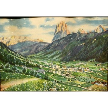 PICCOLO QUADRO ACQUERELLO Ugo Flumiani PAESAGGIO MONTANO VEDUTA VAL GARDENA 900