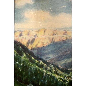 PICCOLO QUADRO ACQUERELLO Ugo Flumiani PAESAGGIO MONTANO VEDUTA VAL GARDENA 900