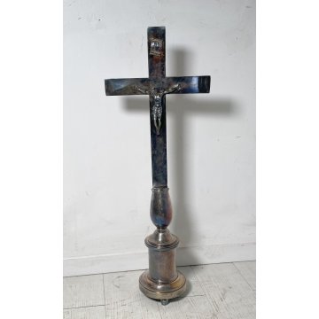 GESU' CRISTO CROCIFISSO altare sacro METALLO ARGENTATO INRI RELIGIOSO SCULTURA