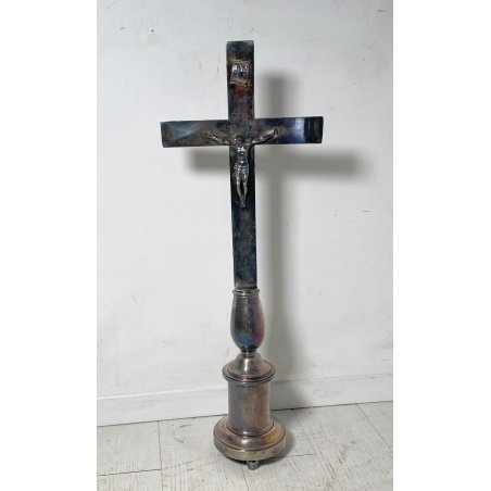 GESU' CRISTO CROCIFISSO altare sacro METALLO ARGENTATO INRI RELIGIOSO SCULTURA