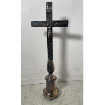 GESU' CRISTO CROCIFISSO altare sacro METALLO ARGENTATO INRI RELIGIOSO SCULTURA