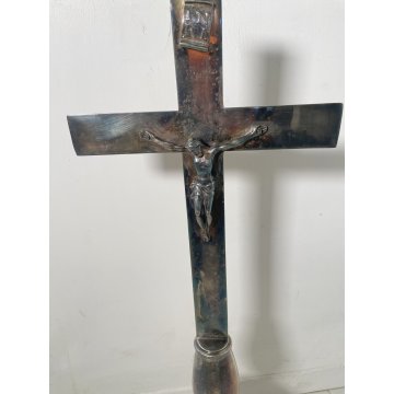 GESU' CRISTO CROCIFISSO altare sacro METALLO ARGENTATO INRI RELIGIOSO SCULTURA