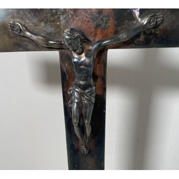 GESU' CRISTO CROCIFISSO altare sacro METALLO ARGENTATO INRI RELIGIOSO SCULTURA