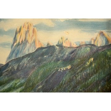 PICCOLO QUADRO ACQUERELLO Ugo Flumiani PAESAGGIO MONTANO VEDUTA VAL GARDENA 900