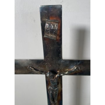 GESU' CRISTO CROCIFISSO altare sacro METALLO ARGENTATO INRI RELIGIOSO SCULTURA