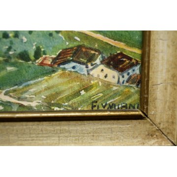 PICCOLO QUADRO ACQUERELLO Ugo Flumiani PAESAGGIO MONTANO VEDUTA VAL GARDENA 900