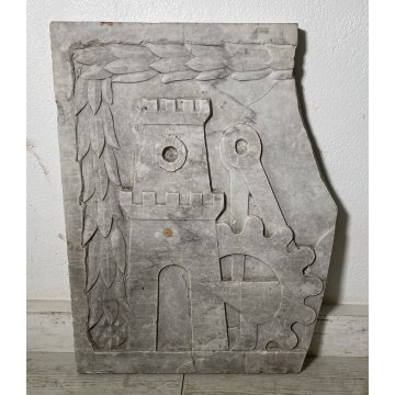 ANTICO BASSORILIEVO MARMO BIANCO MESTIERI 1600 TORRE COMPASSO SCULTURA INCUDINE