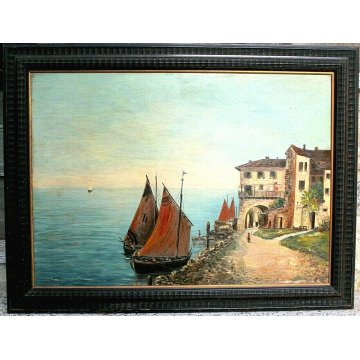 ANTICO GRANDE DIPINTO OLIO TAVOLA A. Barbieri MARINA PAESAGGIO BARCHE BORGO '900