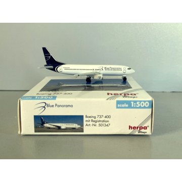 MODELLO STATICO AEREO Herpa Wings 1:500 Boeing 737-400 Blue Panorama AIRPLANE