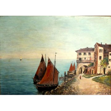 ANTICO GRANDE DIPINTO OLIO TAVOLA A. Barbieri MARINA PAESAGGIO BARCHE BORGO '900